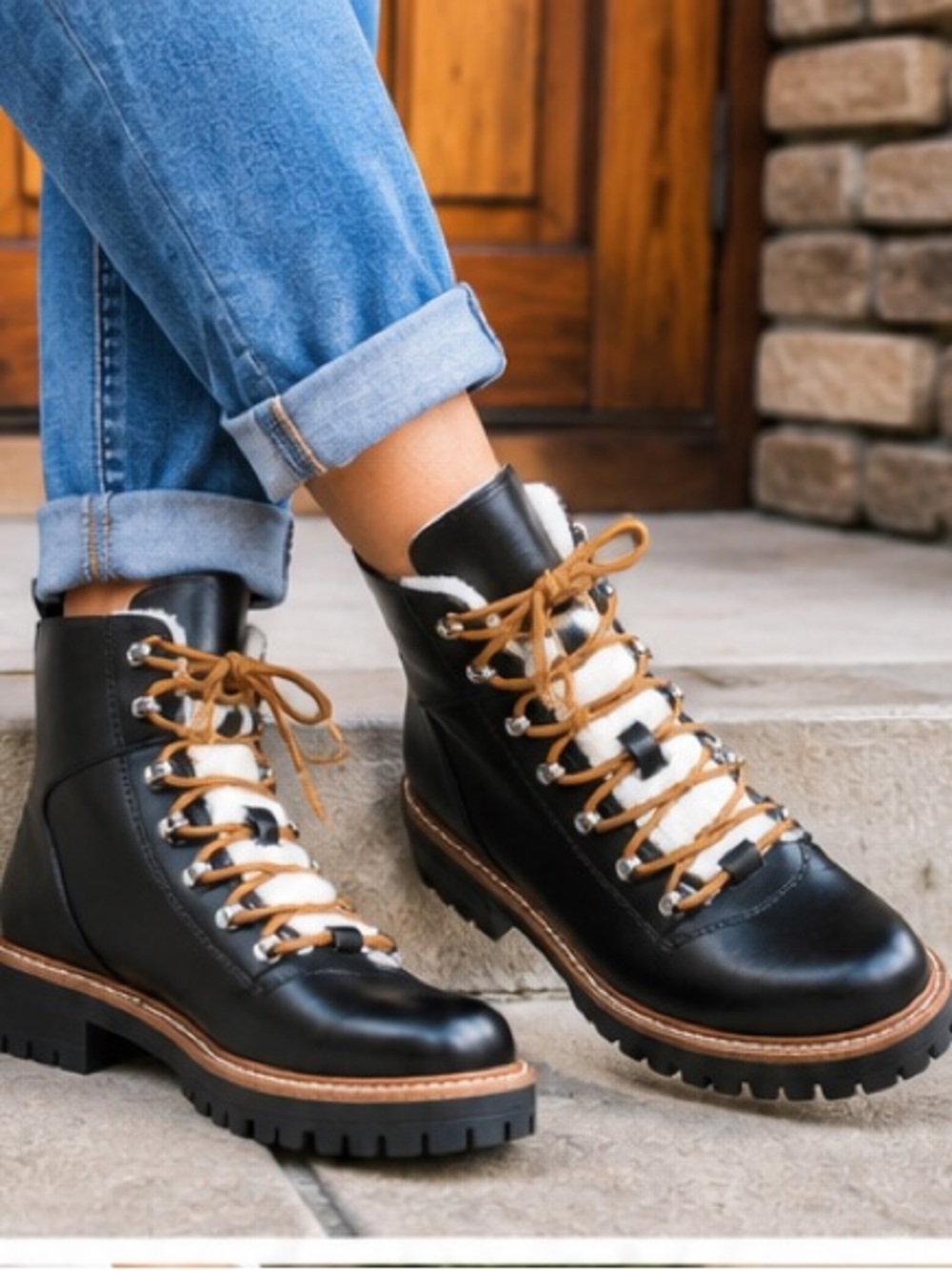 A New Day Leighton Black Sherpa Combat Hiking Boots Memory Foam Size 7 NWT
